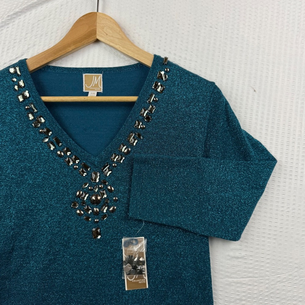 JM Collection Petite Teal Blue Metallic Gemstone V-Neck Sweater NWT PM